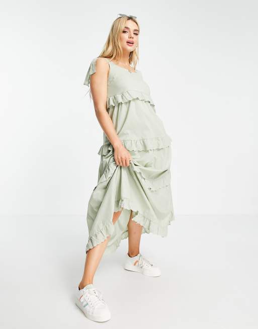 Vila - Robe longue en coton à effet étagé - Vert sauge, 4 de 4