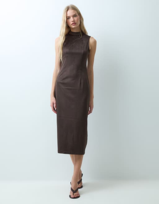 Vila robe longue en daim synthétique à col montant couleur chocolat, 2 de 4