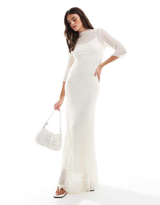 Vila - Robe longue en jersey texturé avec dentelle - Crème bouleau