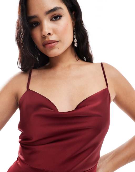VILA - Robe longue en satin à col bénitier - Rouge, 2 de 4