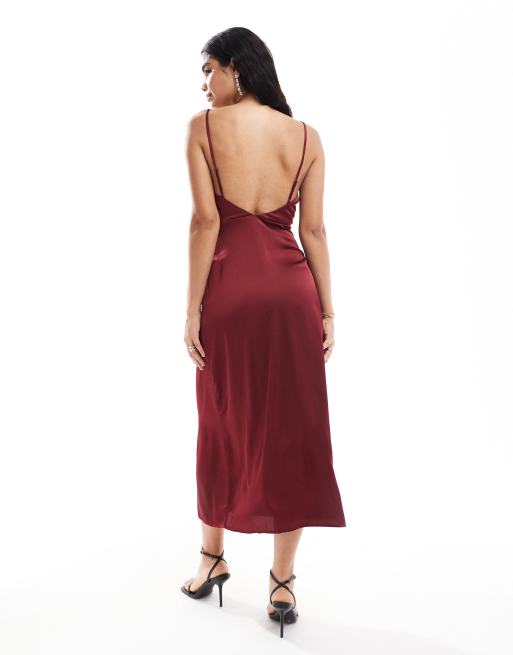 VILA - Robe longue en satin à col bénitier - Rouge, 4 de 4