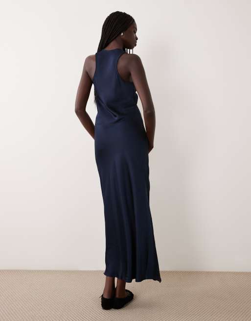 Vila robe longue en satin à col dégagé bleu marine, 2 de 4