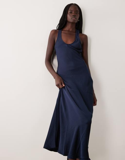 Vila robe longue en satin à col dégagé bleu marine, 3 de 4