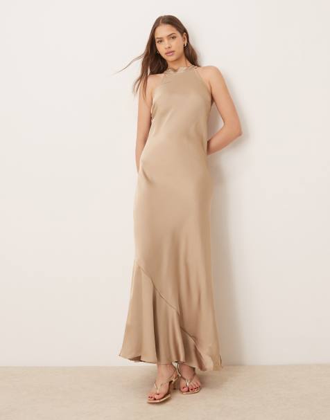VILA - Robe longue épurée en satin avec encolure américaine - Beige - view 1