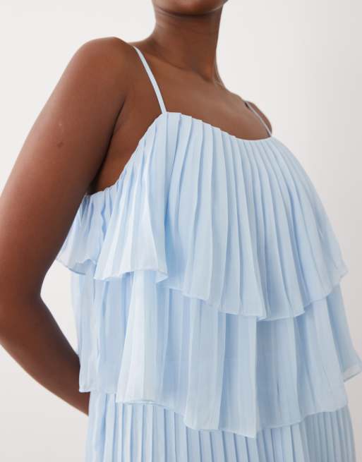 VILA - Robe longue et plissée avec bretelles fines et volants étagés - Bleu clair, 3 de 4
