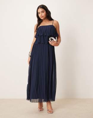 Robe longue et plissée avec bretelles fines et volants superposés - Bleu marine 36