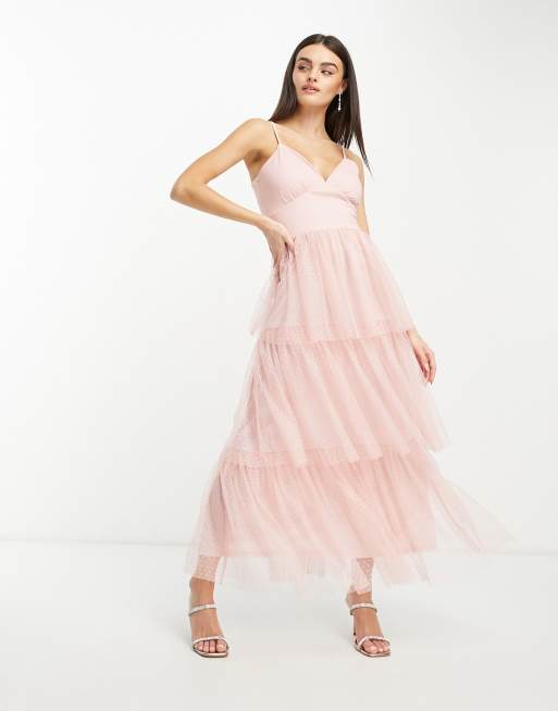 Robe Cocktail Rose Poudré Tulle Volants Paillette Avec Bretelle