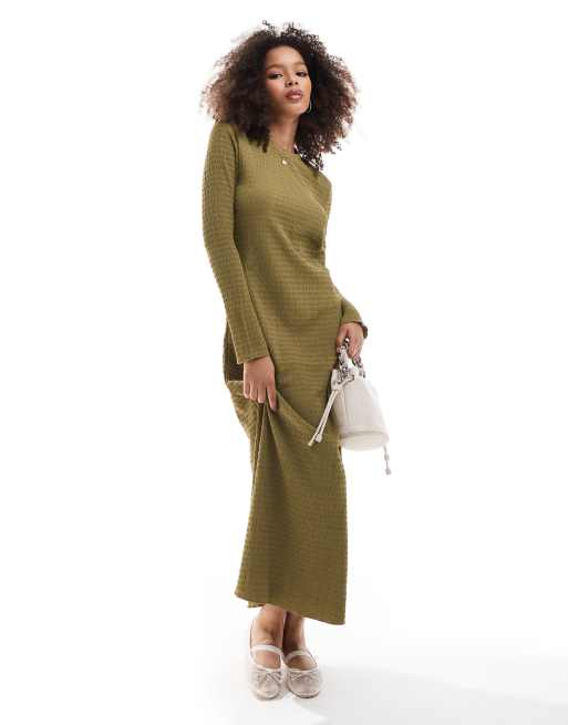 Vila - Robe longue texturée à manches longues - Vert olive