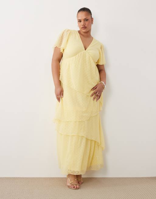 VILA - Robe longueur cheville à volants étagés en plumetis - Jaune pâle