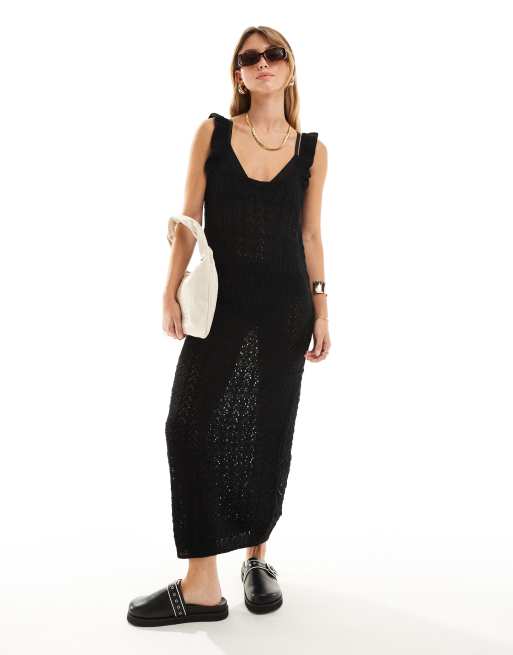 Vila - Robe longueur mollet en crochet - Noir