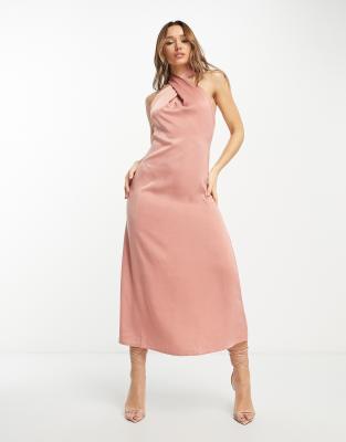 Vila - Robe mi-longue à encolure croisée - Rose thé