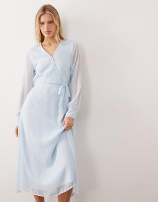 VILA - Robe mi-longue à manches longues et col V - Bleu clair