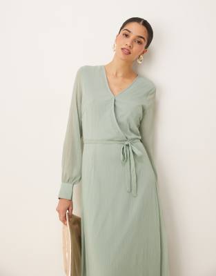 Vila - Robe mi-longue à manches longues et col V - Vert sauge