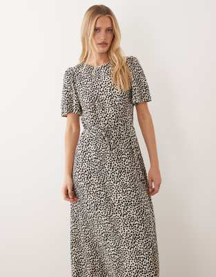 Robe mi-longue à pois nouée à la taille - Crème et noir 36