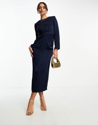 Vila Bridesmaid knot front satin midi dress in navy blue - ASOS Price Checker