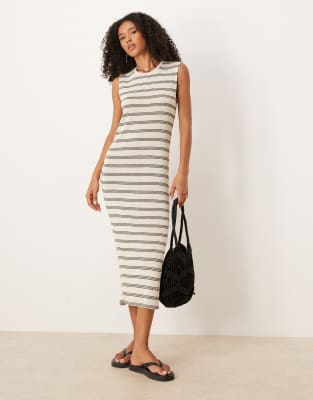 VILA - Robe mi-longue en maille à rayures - Crème et vert foncé-Blanc