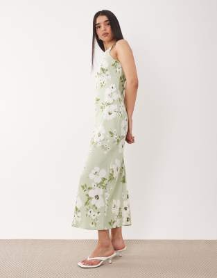 Robe mi-longue en satin à dos nageur et imprimé fleurs - Vert pâle 42