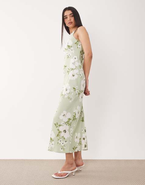 Vila - Robe mi-longue en satin à dos nageur et imprimé fleurs - Vert pâle - view 1