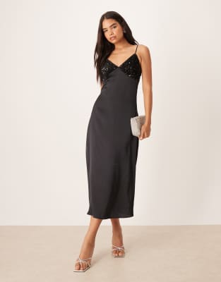 VILA - Robe mi-longue en satin avec corsage à sequins - Noir | ASOS