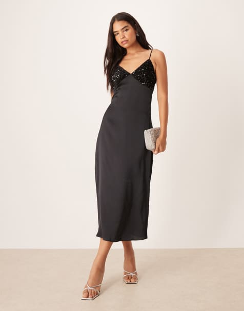 VILA - Robe mi-longue en satin avec corsage à sequins - Noir - view 1