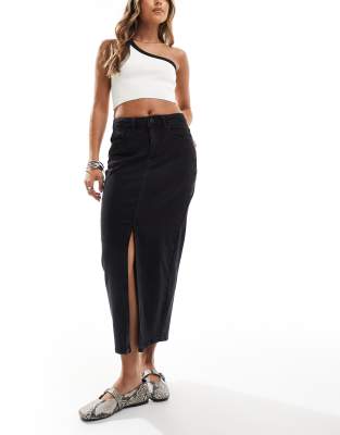 Vila - Robe mi-longue fendue devant en jean à taille haute - Noir délavé