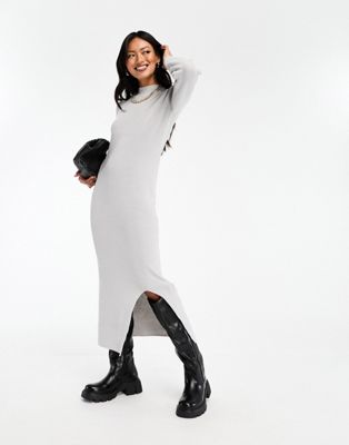 Vila high neck knitted midi dress with side split in light grey - ASOS Price Checker