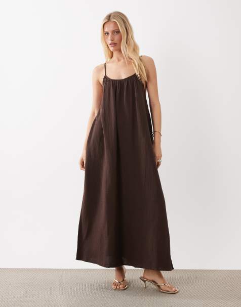 Vila - Robe nuisette longue à bretelles en coton froissé - Marron chocolat - view 1