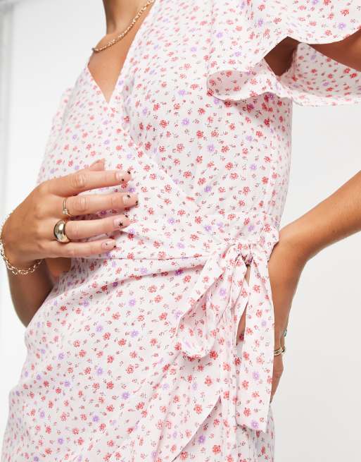 Vila - Robe portefeuille courte avec imprimé à petites fleurs roses, 4 de 4