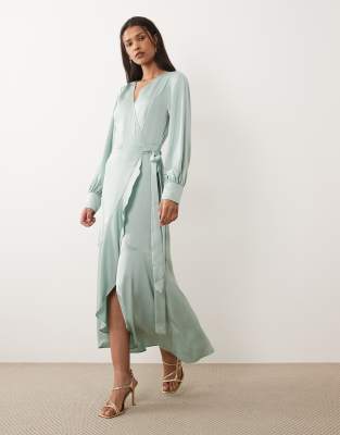 Robe portefeuille mi-longue en satin à manches longues - Vert moyen 38