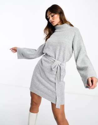 Vila roll neck mini jumper dress with tie waist in light grey - ASOS Price Checker