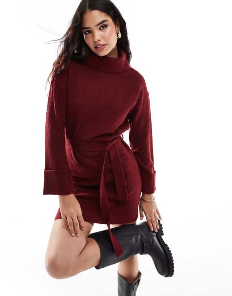 Vila - Robe pull courte à col roulé avec lien à nouer à la taille - Rouge - view 1