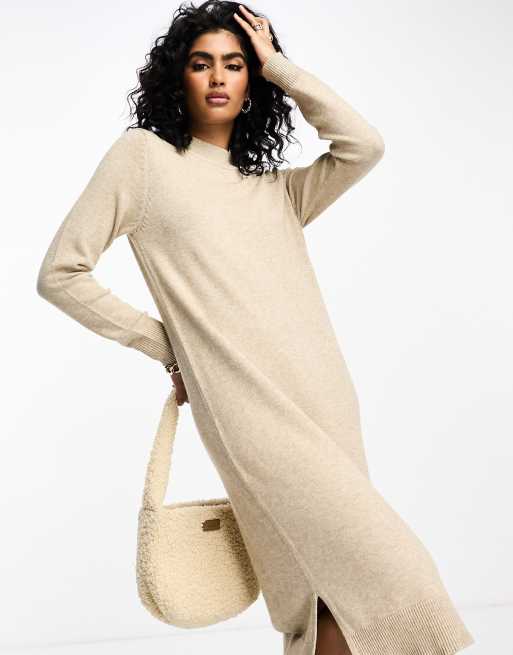 Vila - Robe pull mi-longue en maille à col montant - Crème, 4 de 4