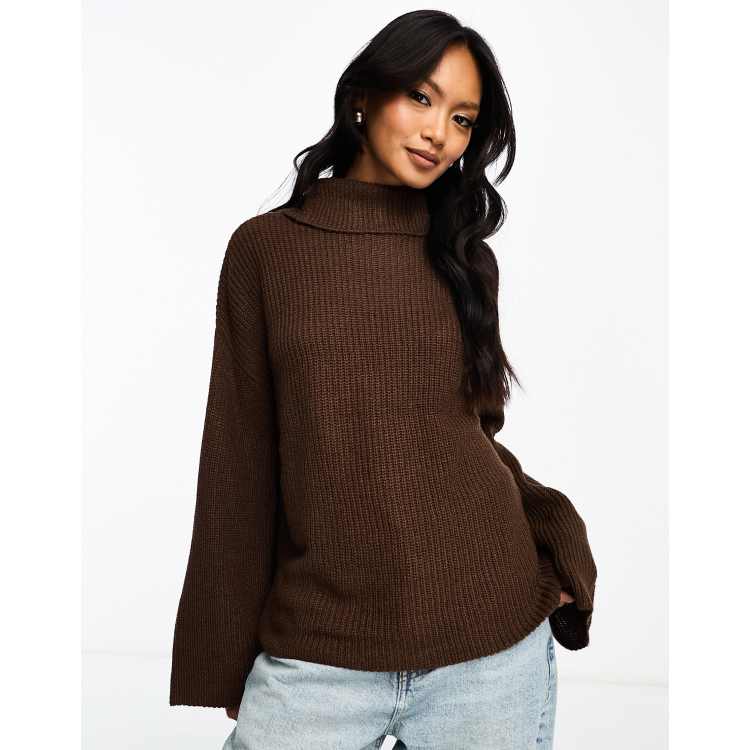 Vila roll neck jumper with side splits in brown | ASOS