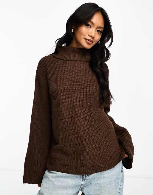 Vila roll neck jumper with side splits in brown