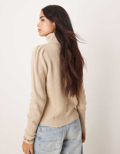 Vila roll neck knit sweater in beige