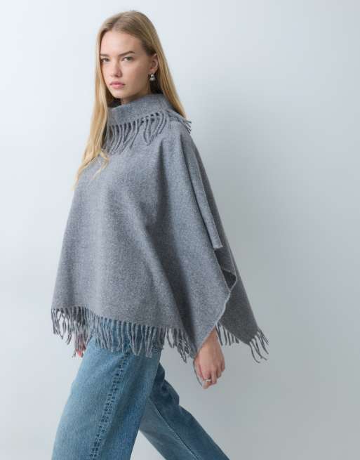 Vila roll neck knitted cape with fringe trims in dark gray melange, 4 of 5
