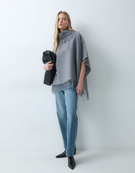 Vila roll neck knitted cape with fringe trims in dark grey melange - view 1