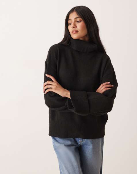 VILA roll neck knitted jumper with cuff detail in black - view 1