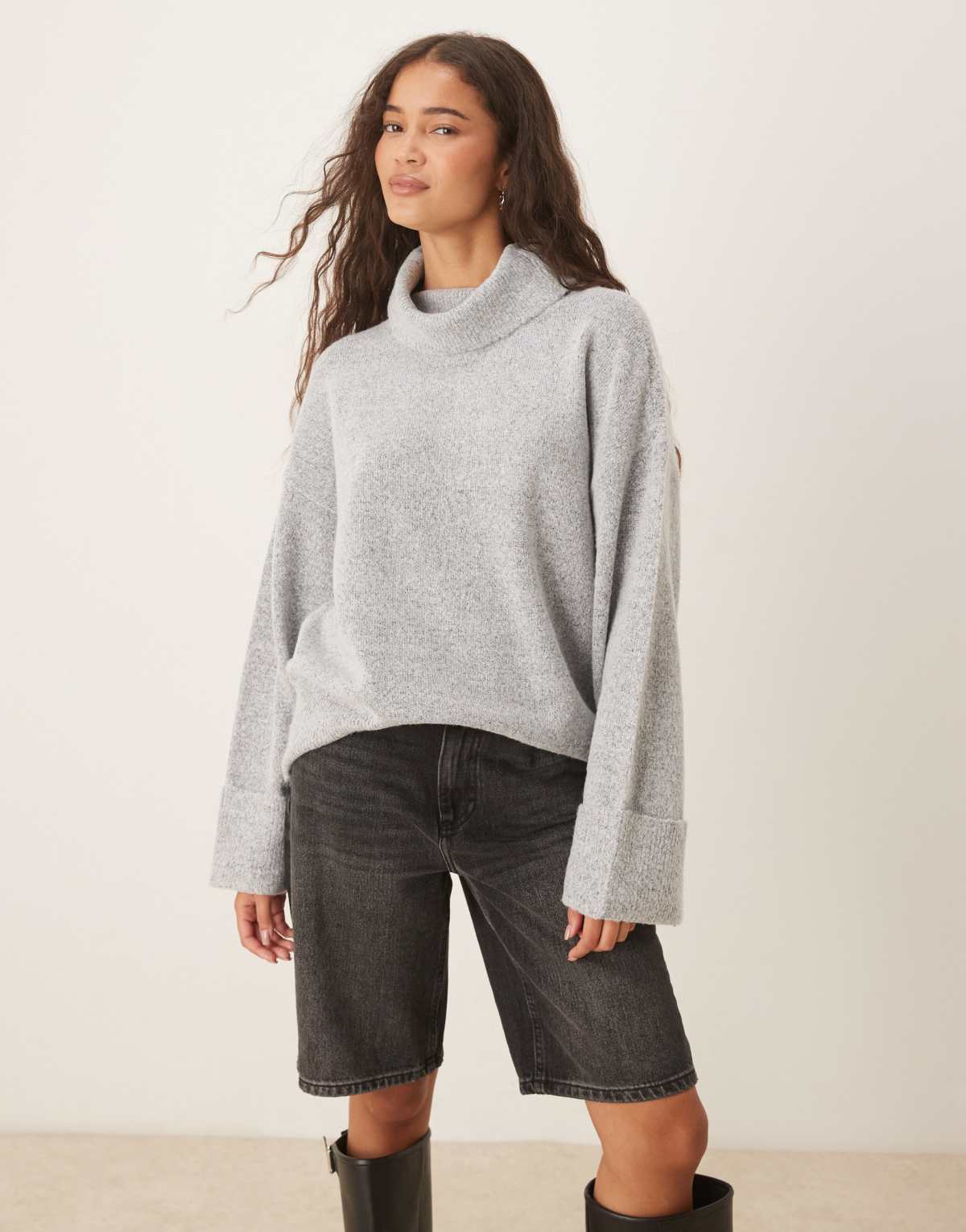 Vila roll neck knitted jumper with cuff detail in light grey melange