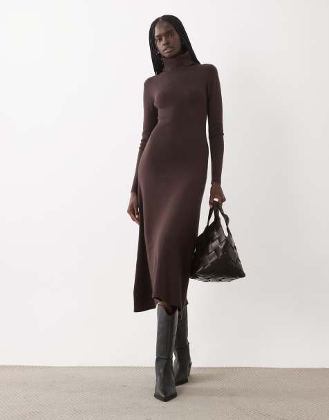 Vila roll neck knitted maxi dress in chocolate brown - view 1