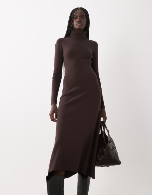 Vila roll neck knitted maxi dress in chocolate brown, 2 of 4