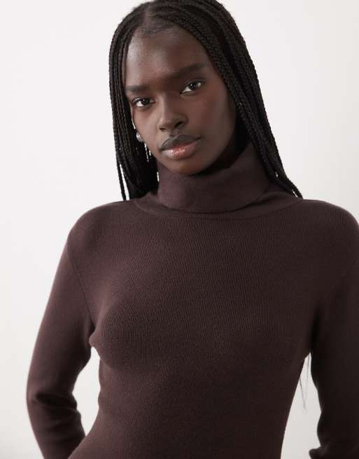 Vila roll neck knitted maxi dress in chocolate brown, 3 of 4