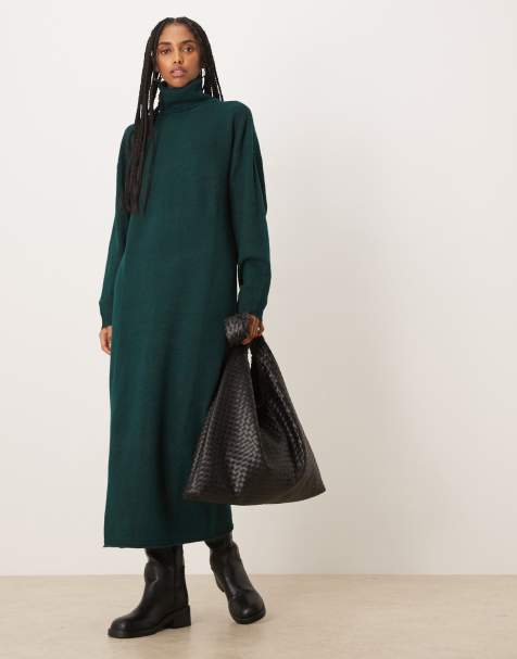 Vila roll neck knitted midi dress in dark green melange