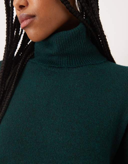 Vila roll neck knitted midi dress in dark green melange, 2 of 4
