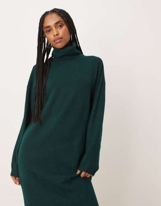 Vila roll neck knitted midi dress in dark green melange, 3 of 4