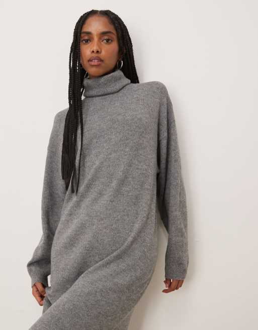 Vila roll neck knitted midi dress in medium grey melange, 2 of 4