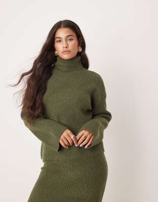 roll neck knitted sweater in khaki - part of a set-Green