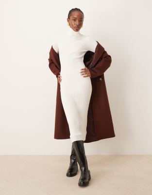roll neck long sleeve ribbed midi dress in cream-White