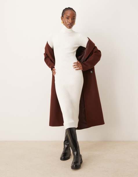 Vila roll neck long sleeve ribbed midi dress in cream - view 1