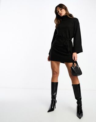 Vila roll neck mini jumper dress with tie waist in black